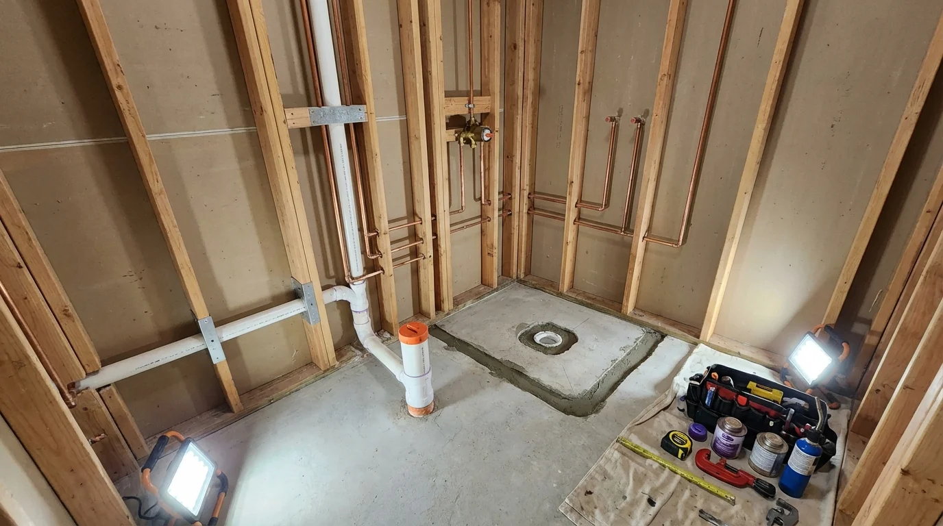 Bathroom rough-in plumbing during remodel by Johns Plumbing LLC in Hawesville