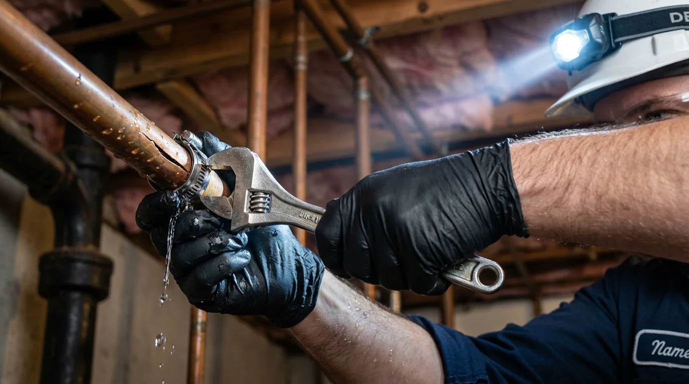 Emergency pipe clamp repair being performed by a Johns Plumbing LLC plumber in Hawesville