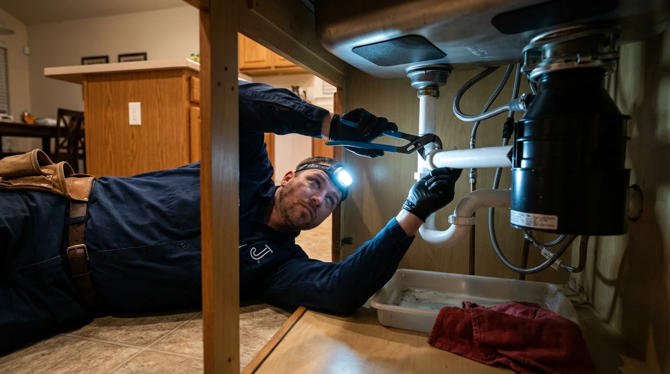 P-trap and supply line connections under a kitchen sink showing a common leak point in Hawesville, KY